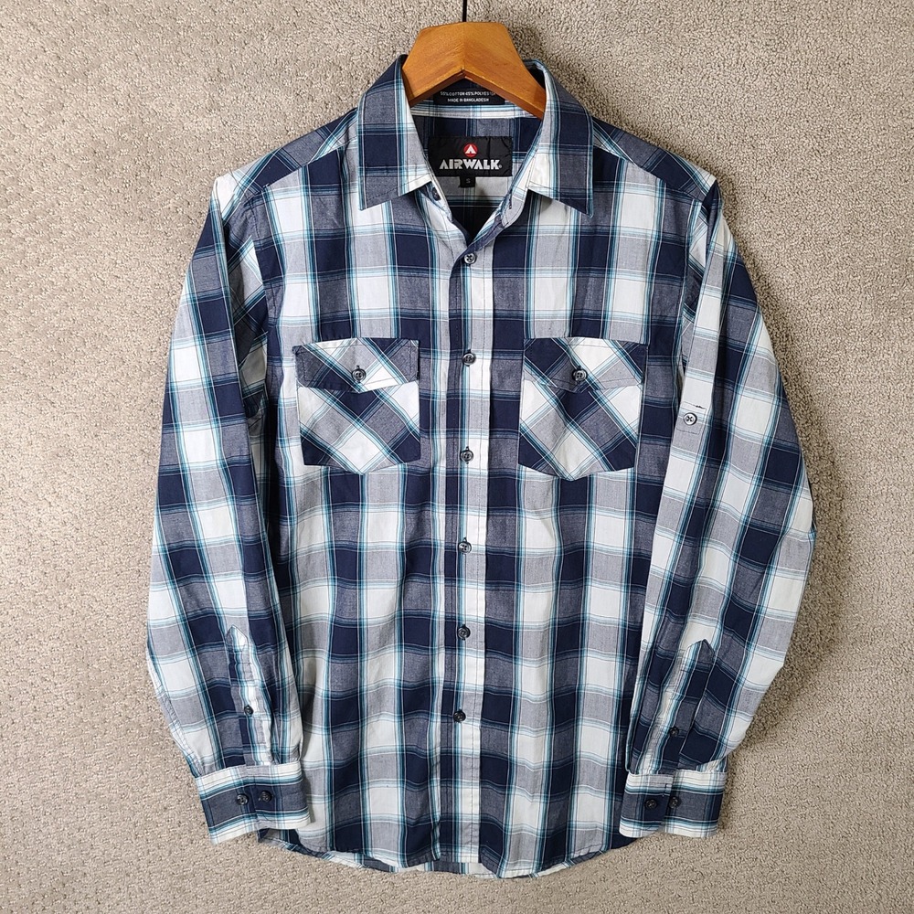 Airwalk Shirt Mens Small Blue White Plaid‎ Long Sleeve Button Up Cotton Blend